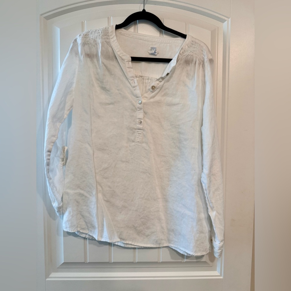 Sigrid Olsen White Long Sleeve Linen Henley Roll Sleeve Blouse